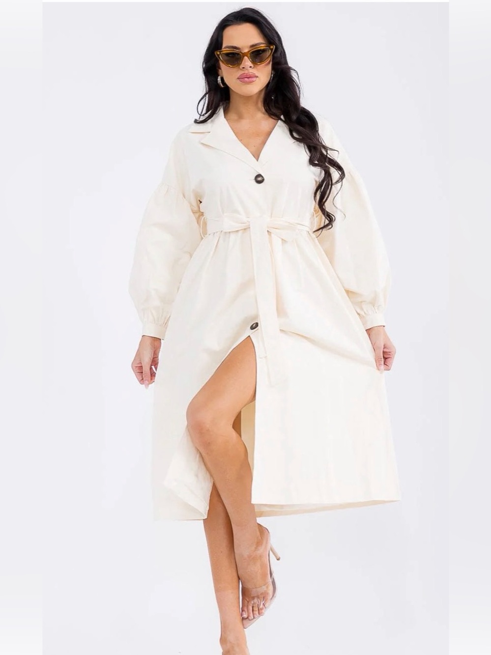 A424. Cream Button-Front Belted Long Trench Coat Dress